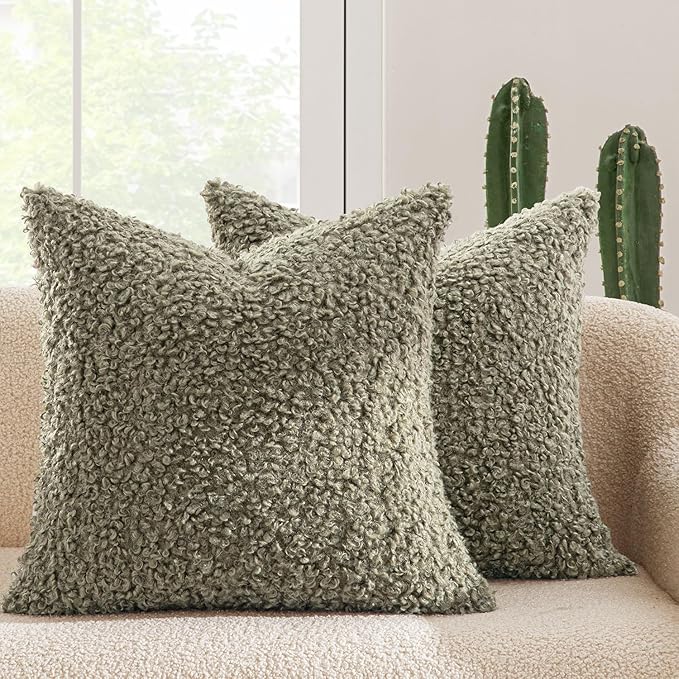 MIULEE Pack of 2 Throw Pillow Covers 20x20 Inch Sage Green Faux Fur Decorative Sherpa Pillow Covers Fuzzy Accent Soft Sheepskin Fleece Cushion Cases for Boho Home Decor Couch Living Room Bed