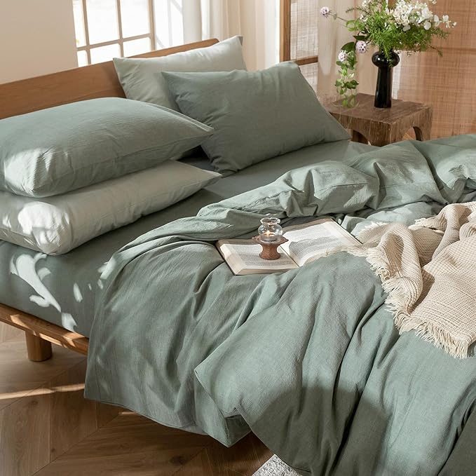 MooMee Bedding Duvet Cover Set 100% Washed Cotton Linen Like Textured Breathable Durable Soft Comfy (Heathered Green, Oversized Full 82"x86")