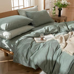 MooMee Bedding Duvet Cover Set 100% Washed Cotton Linen Like Textured Breathable Durable Soft Comfy (Heathered Green, Twin 68"x90")
