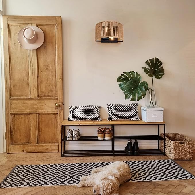 Rattan Boho Wall Sconce, Wall Hanging Lamps with Hand Woven Hemp Rope Shade , Farmhouse Rustic Wicker Black Wall Mount Vintage Sconces Light Fixture Indoor for Living Room Bedroom Bedside Stairway E26