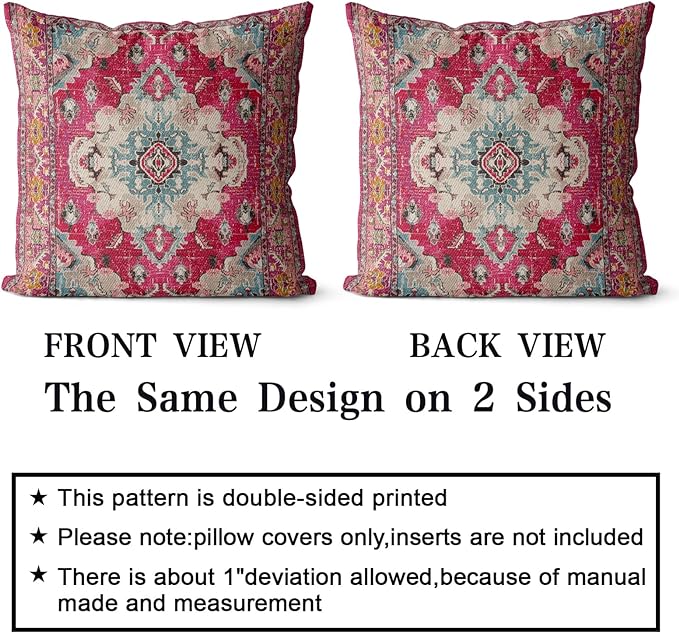 Snycler Boho Throw Pillow Covers 18x18 inch Set of 2 Boho Rug Carpet Double Sided Pattern Cotton Soft Pillow Case Cushion Cover Pillowcase for Couch Sofa Bed Decorative (Red)