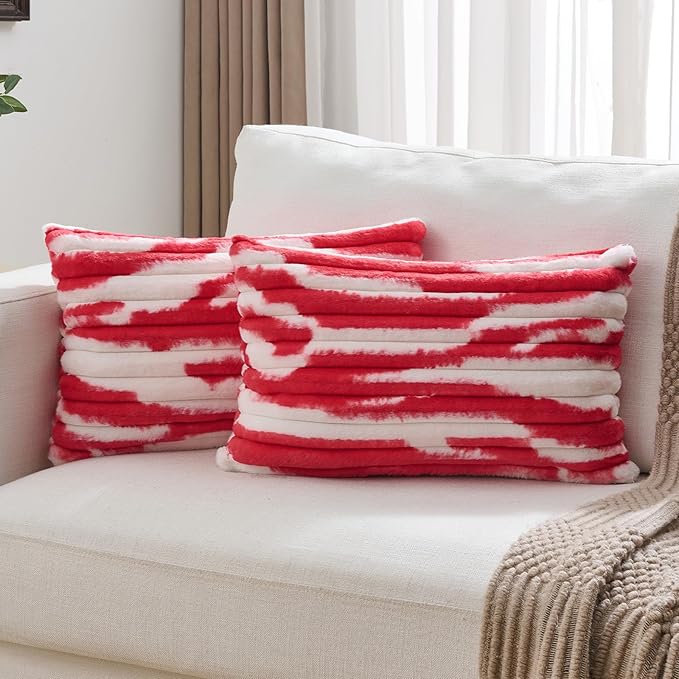 FUTEI Red Decorative Throw Pillow Covers 12x20 Inch Set of 2, Soft Tie-Dye Faux Rabbit Fur Striped Texture Pillow Case, Modern Home Decor for Couch Bed Living Room