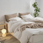 MooMee Striped Duvet Cover Set 100% Washed Cotton Linen Like Textured Breathable Durable Soft Comfy (White Tannish Linen Grey Wide Stripes, Queen 90"x90")