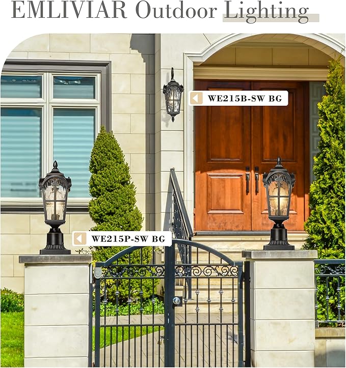 Emliviar Vintage Outdoor Lighting Fixture Wall Sconces with Water Ripple Glass, 17.5" Front Porch Wall Lantern, Black Finish with Gold Edges, WE215B-SW BG