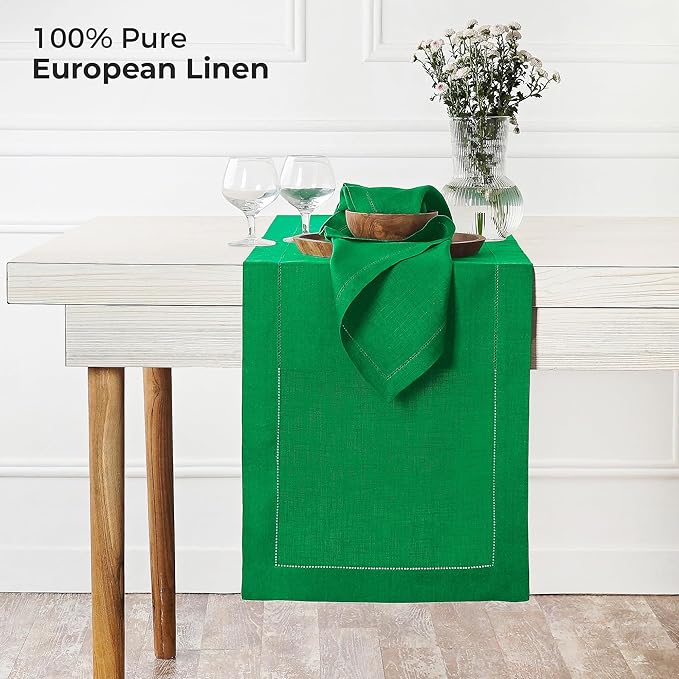 D'Moksha Homes Linen Kelly Green Table Runner 144 Inches Long - 100% Pure Linen Extra Long Table Runner 14 x 144 Inch for Fall, Autumn and Halloween - Classic Hemstitch