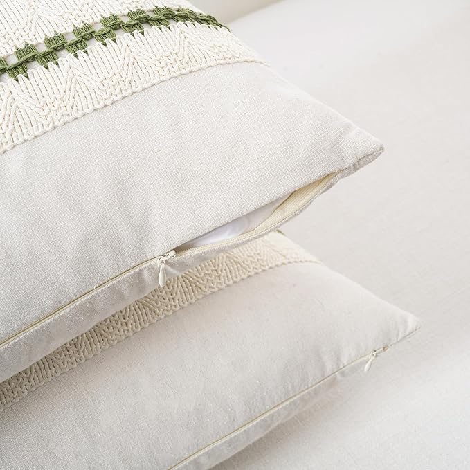 Fancy Homi Set of 2 Boho Moss Green Lumbar Decorative Throw Pillow Cover 12x20 Inch for Couch Bed Sofa Chair, Modern Organic Farmhouse Home Decor, Soft Cotton Cute Accent Rectangle Cushion Case