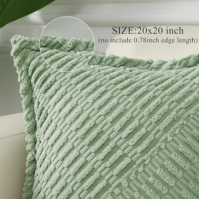 decorUhome Decorative Sage Green Throw Pillow Covers 20x20 Set of 2 with Splicing, Boho Soft Neutral Corduroy Broadside Twill Pillow Covers for Couch Bed Sofa Living Room