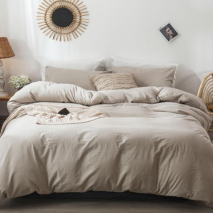MooMee Bedding Duvet Cover Set 100% Washed Cotton Linen Like Textured Breathable Durable Soft Comfy (Heathered Tannish Linen Grey, Queen 90"x90")