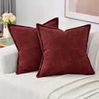 HAUSSY Burgundy Throw Pillow Covers 14x14 Inch Set of 2,Soft Solid Corduroy Striped/Wide Bordered,Square Decorative Cushion Case,Winter Home Decorations for Couch,Bed