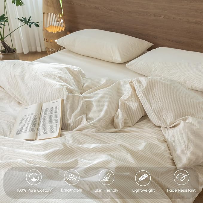 MooMee Striped Duvet Cover Set 100% Washed Cotton Linen Like Textured Breathable Durable Soft Comfy (Almond Milk Grey Pinstripes, Super King 108"x98")