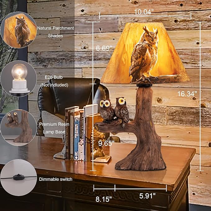 TOCHIC Farmhouse Table Lamp for Bedroom Brown Owl Bedside Side Table Lamp Dimmable Vintage Lamp with Parchment Lamp Shades 16.4“H Faux Wood Desk Lights for Living Room,Night Stands,Foyer,Office