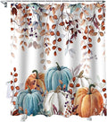Fall Thanksgiving Shower Curtain, Watercolor Autumn Pumpkins Eucalyptus Leaves Shower Curtains Set with Hooks, Blue Orange Waterproof FabricBathroom Decor Home Accessories,Stall 36 X 72 Inch