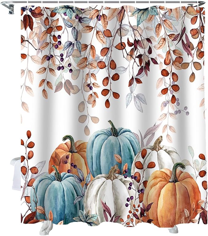 Fall Thanksgiving Shower Curtain, Watercolor Autumn Pumpkins Eucalyptus Leaves Shower Curtains Set with Hooks, Blue Orange Waterproof FabricBathroom Decor Home Accessories,72 X 78 Inch Long