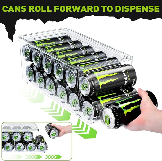 4 Pack Tall Skinny Can Organizer for Refrigerator, Stackable Large Soda Cans of 16oz & 17oz Beverage Energy Drink Container Holder Dispenser with Lid for Fridge, Clear Storage Plastic Bins