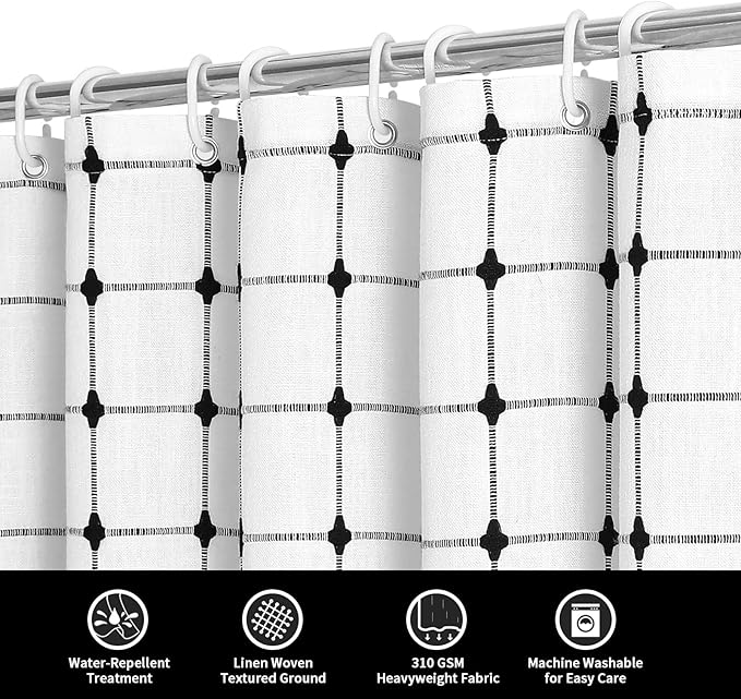 MitoVilla Ivory Boho Black Farmhouse Shower Curtain Set 72 x 78, White 78 inch Long Polyester Linen Tassel Fabric Shower Curtain Set for Chic Cottagecore French Rustic Bathroom Decor