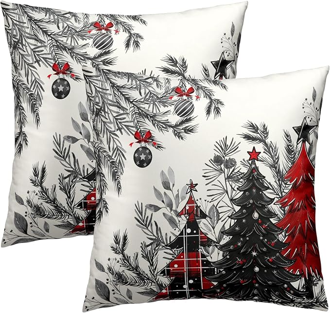 Christmas Tree Throw Pillow Covers 18x18 Set of 2, Buffalo Plaid Xmas Trees Bells Winter Holiday Decorative Pillow Cases Cotton Cushion Cover for Bed Sofa Couch Chair Home Car