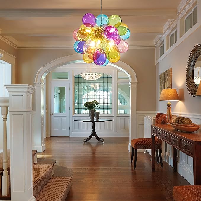 Longree Mini Bubble Ball Chandelier, Dia 20 inch Blown Multicolor Glass Pendant Light Fixture for Bedroom Study Bathroom Dining Room