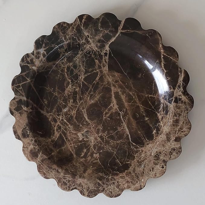 Marble Tray Round Scalloped Tray Small Serving Platter for Counter, Bathroom, Kitchen, Nightstand, Jewelry Ring Dish Holder (Coffee Net)