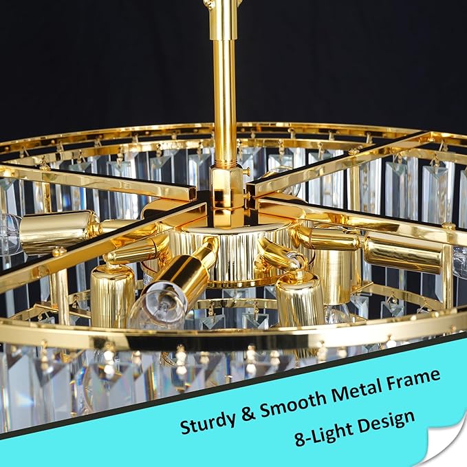 Gold Crystal Chandelier for Dining Room, 24" Modern Round Top K9 Crystal Chandeliers 5-Tier 8 Lights Adjustable Ceiling Hanging Pendant Light Fixture for Living Room Bedroom Foyer