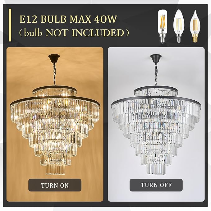 43.3" Large Crystal Chandeliers 28 Lights Black Modern Chandelier for Foyer Staircase High Ceiling 8 Tiers Round K9 Ceiling Pendant Lighting Fixture Luxury for Lobby Living Room