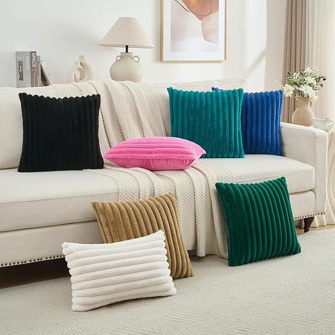 FUTEI Camel Striped Decorative Throw Pillow Covers 20x20 Inch Set of 2,Square Winter Decorations Couch Pillow Case,Soft Cozy Faux Rabbit Fur & Velvet Back,Modern Home Decor for Bed