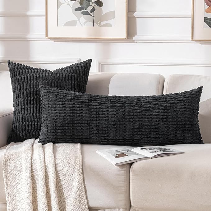 Fancy Homi Black Long Body Lumbar Decorative Throw Pillow Covers 14x36 Inch for Bed Couch Bedroom Bench, Soft Corduroy Rectangle Solid Pillow Case, Rustic Farmhouse Boho Room Decor