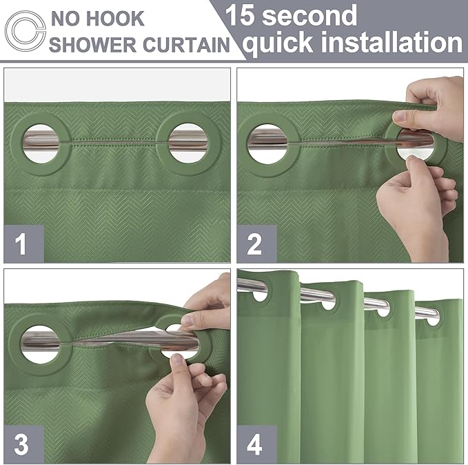 No Hook Shower Curtain, Green Modern Chevron Striped Luxury Hotel Style, Washable Waterproof Fabric for Bathroom, 15 Seconds Quick Install, 72W x 86L Inches