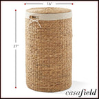 Casafield Round Laundry Hamper with Lid and Removable Liner Bag - Natural, Woven Water Hyacinth Wicker Laundry Basket for Clothes and Towels