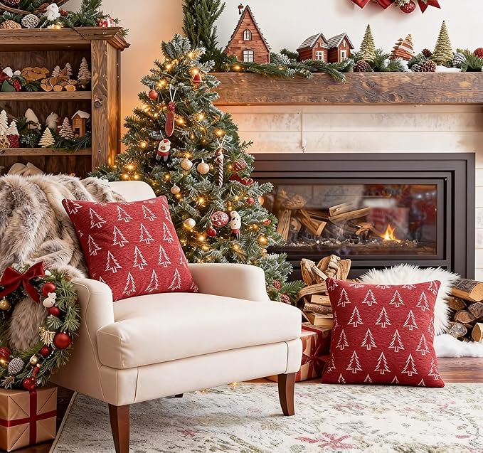 Christmas Chenille Pillow Covers 20x20 Set of 2, Reversible Snowflake & Tree Design, Cozy Farmhouse Holiday Throw Pillowcases with Hidden Zipper for Sofa, Couch and Bed(Red,20x20)