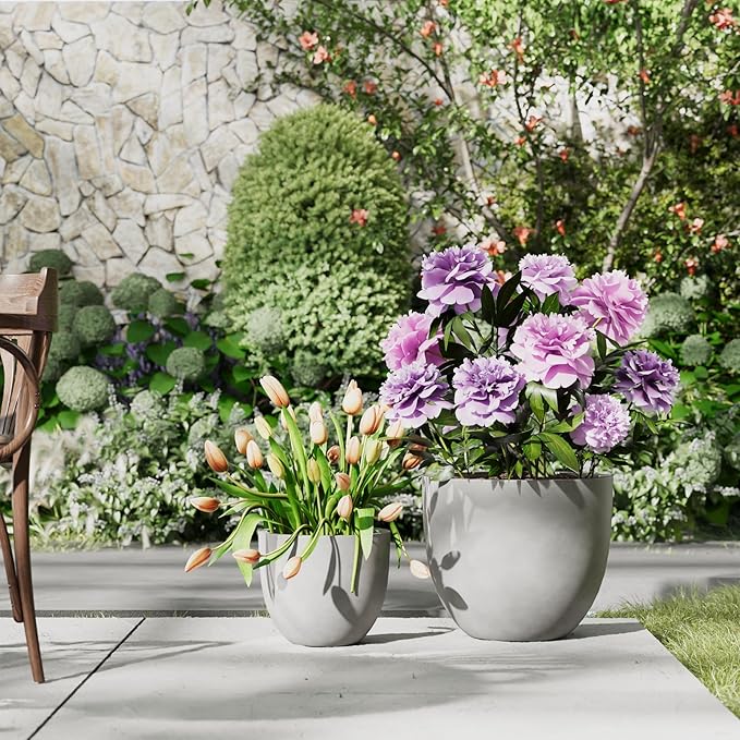 DTY Signature Mount Belford Lightweight and Durable Modern Fiberstone Egg Shaped Planter for Indoor Outdoor Drainage Hole & Rubber Plug Weather Resistant, 15" H x 18" Dia, 15.5" Opening - Large, Gray