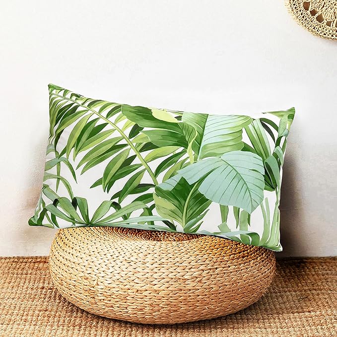Decorative Throw Pillow Covers Set of 2 Green Leaves of Tropical Pillow Covers 12x20 inch Super Soft Short Plush Square Throw Pillows,Farmhouse Outdoor Pillow Covers for Couch Living Room