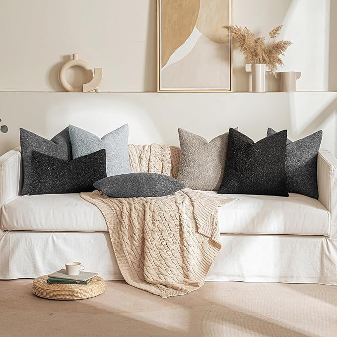 MIULEE 18x18 Inch Decorative Pillow Covers for Couch Bed Set of 2 Textured Boucle Neutral Winter Throw Pillows Halloween Black Accent Solid Cushion Pillowcases Sofa Livingroom Home Decor