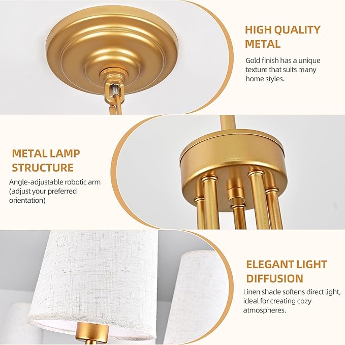 28" Gold Boho Fabric Chandelier for Living Room 5-Light Coastal Farmhouse Chandeliers for Dining Room Adjustable Rustic Boho Pendant Light Fixture Bedroom Kitchen Island Entryway Foyer