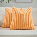 FUTEI Orange Striped Decorative Throw Pillow Covers 26x26 Inch Set of 2,Square Winter Decorations Couch Euro Pillow Shams,Soft Cozy Faux Rabbit Fur & Velvet Back,Modern Home Decor for Bed
