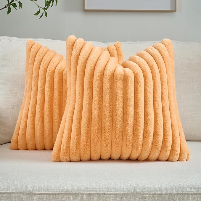 FUTEI Orange Striped Decorative Throw Pillow Covers 18x18 Inch Set of 2,Square Winter Decorations Couch Pillow Case,Soft Cozy Faux Rabbit Fur & Velvet Back,Modern Home Decor for Bed