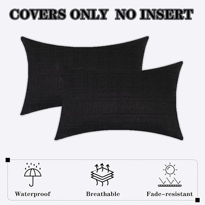Kevin Textile Pack of 2 Decorative Outdoor Waterproof Throw Pillow Covers Checkered Lumbar Pillowcases Classic Cushion Cases for Patio Couch Bench 12 x 20 Inch Black