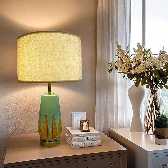 20" Modern Green Ceramic Table Lamp Set of 2 for Farmhouse, Living Room, Bedroom Nightstand, Coffee Table