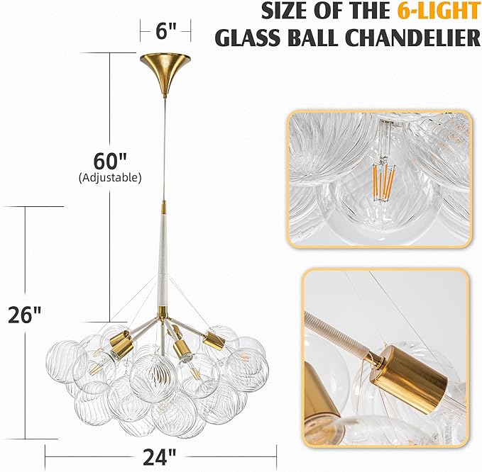 White Gold Bubble Ball Chandelier 6-Light Dia 24 Inch Mid-Century Blown Glass Light Fixtures Swirled Clear Globe Chandeliers Lighting Pendant for Dining Living Room Entryway Island