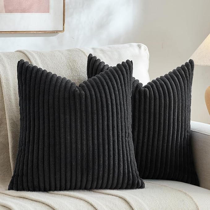 Fancy Homi Set of 2 Black Boho Decorative Throw Pillow Covers 18x18 Inch for Couch Bed Sofa, Aesthetic Modern Farmhouse Room Decor, Soft Fuzzy Fluffy Cozy Corduroy Textured Cushion Case 45x45cm