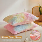 XeGe Rainbow Faux Fur Throw Pillow Covers, Tie Dye Multicolor Shaggy Decorative Pillow Cushion Cover, Luxury Fluffy Plush Pillow Cases for Sofa Bed Zipper Closure, Pack of 2(18''x18'', Rainbow)