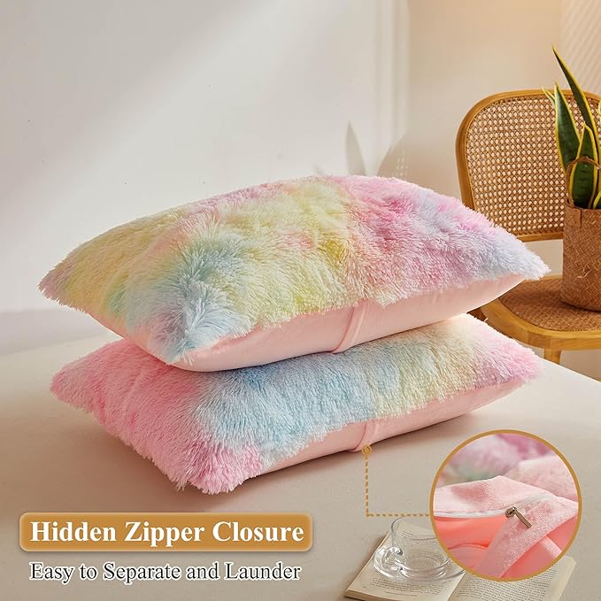 XeGe Rainbow Faux Fur Throw Pillow Covers, Tie Dye Multicolor Shaggy Decorative Pillow Cushion Cover, Luxury Fluffy Plush Pillow Cases for Sofa Bed Zipper Closure, Pack of 2(18''x18'', Rainbow)