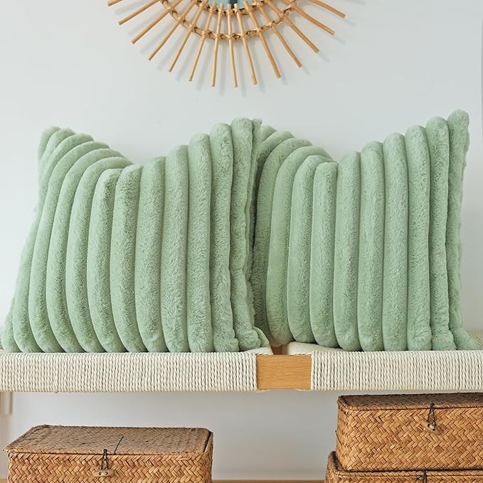 JOJUSIS Pack of 2 Faux Fur Plush Decorative Throw Pillow Covers Couch Cushion Case Soft Pillowcases (Sage Green, 16 x 16-Inch)
