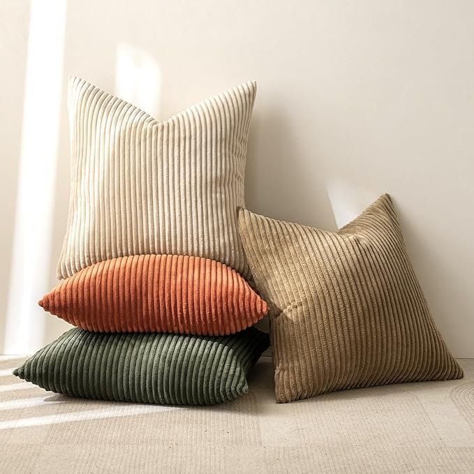 MIULEE Pack of 4 Rust-Olive Green Corduroy Decorative Throw Pillow Covers 16x16 Inch Soft Boho Striped Pillow Covers Modern Farmhouse Home Decor for Winter Sofa Living Room Couch Bed