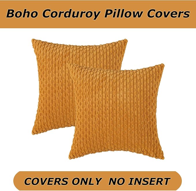Kevin Textile Throw Pillow Covers Soft Corduroy Decorative Set of 2 Boho Striped Pillow Covers Pillowcases Farmhouse Home Decor for Couch Bed Sofa Living Room 16x16 Inch Golden Yellow