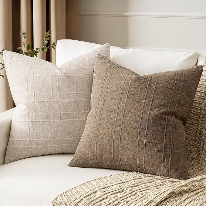 MIULEE Decorative Linen Check Throw Pillow Covers Neutral Farmhouse Vintage Pillow Covers 20x20 Set of 2 Boho Modern Winter Home Decor for Sofa Couch Bedroom Cushion Light Brown