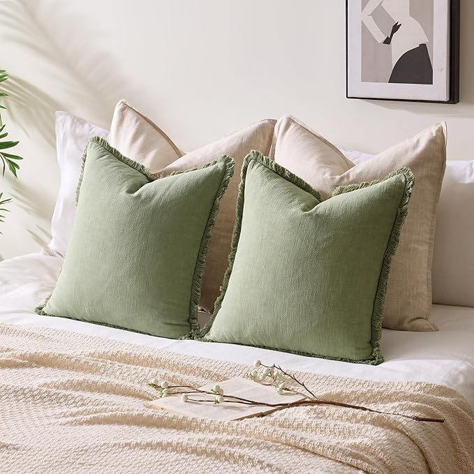 Woaboy Decorative Linen Fringe Throw Pillow Covers Boho Farmhouse Soft Cushion Covers Accent Pillowcases with Tassels for Living Room Couch Sofa Bed Chair,18x18 Inch Set of 2,Sage Green