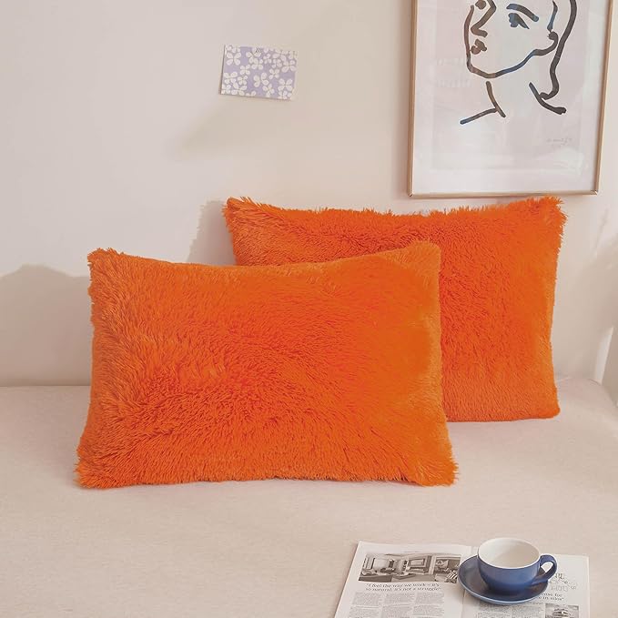 XeGe Faux Fur Fluffy Pillow Cases, Soft Plush Shaggy Furry Orange Pillowcases, Velvet Fuzzy Decorative Throw Pillow Covers for Bed Couch, Zipper Closure, Set of 2(King Size, Orange)