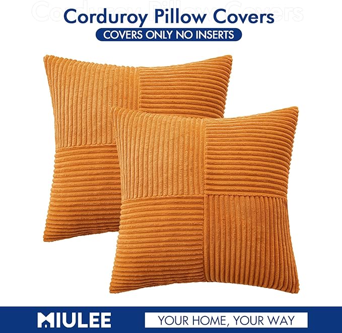 MIULEE Fall Burnt Orange Corduroy Pillow Covers Pack of 2 Boho Decorative Spliced Throw Pillows Soft Cross Patchwork Textured Covers Pillowcases Home Decor for Couch Living Room Bed Sofa 20x20 inch