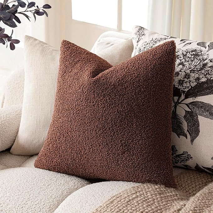 Foindtower Pack of 2, Curly Faux Fur Decorative Throw Pillow Covers Soft Fuzzy Plush Cushion Case with Zipper Cozy Pillowcase for Home Living Room Couch Bed Sofa 16 x 16 Inch,Red Brown