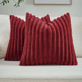 FUTEI Burgundy Striped Decorative Throw Pillow Covers 24x24 Inch Set of 2,Wine Red Square Winter Decorations Couch Euro Pillow Case,Soft Cozy Faux Rabbit Fur & Velvet Back,Modern Home Decor for Bed
